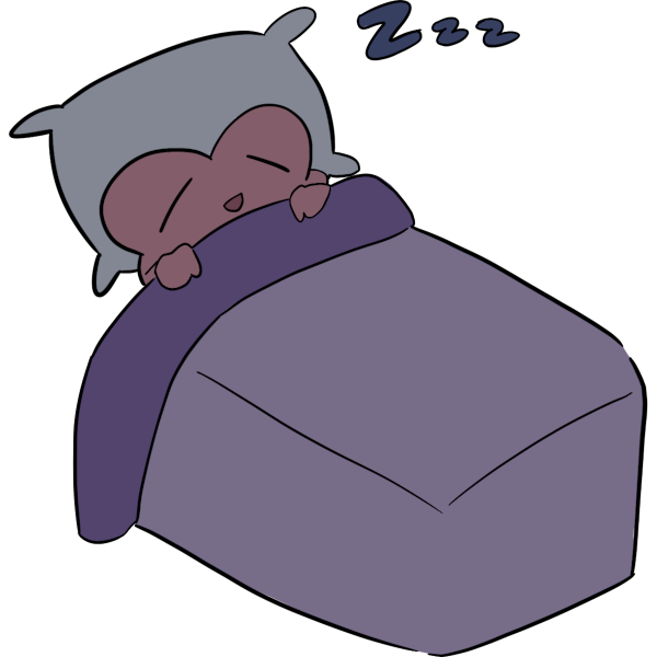 a pink cartoony heart with arms smiling while tucked into bed. there are blue Zzzs by its head